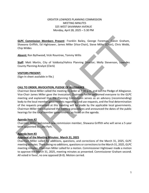 [New member Shawana Griffith of Lake Park, and approval of meeting minutes for 2025-03-31]