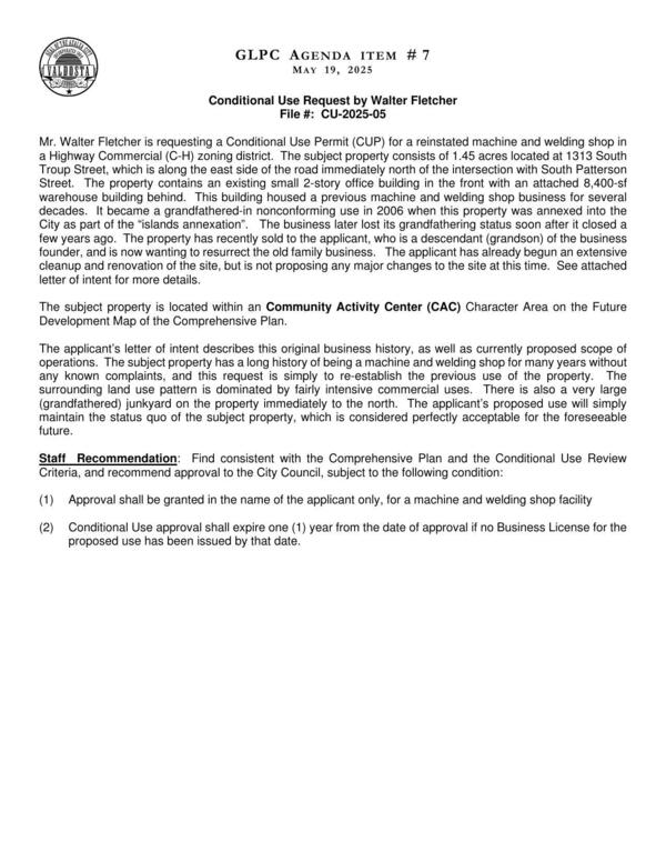 [for a reinstated machine and welding shop in a Highway Commercial (C-H) zoning district.]