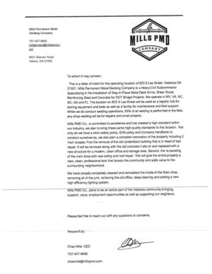 [Letter of Intent from Chas Mills, CEO, Mills Permanent Metal Decking Company]