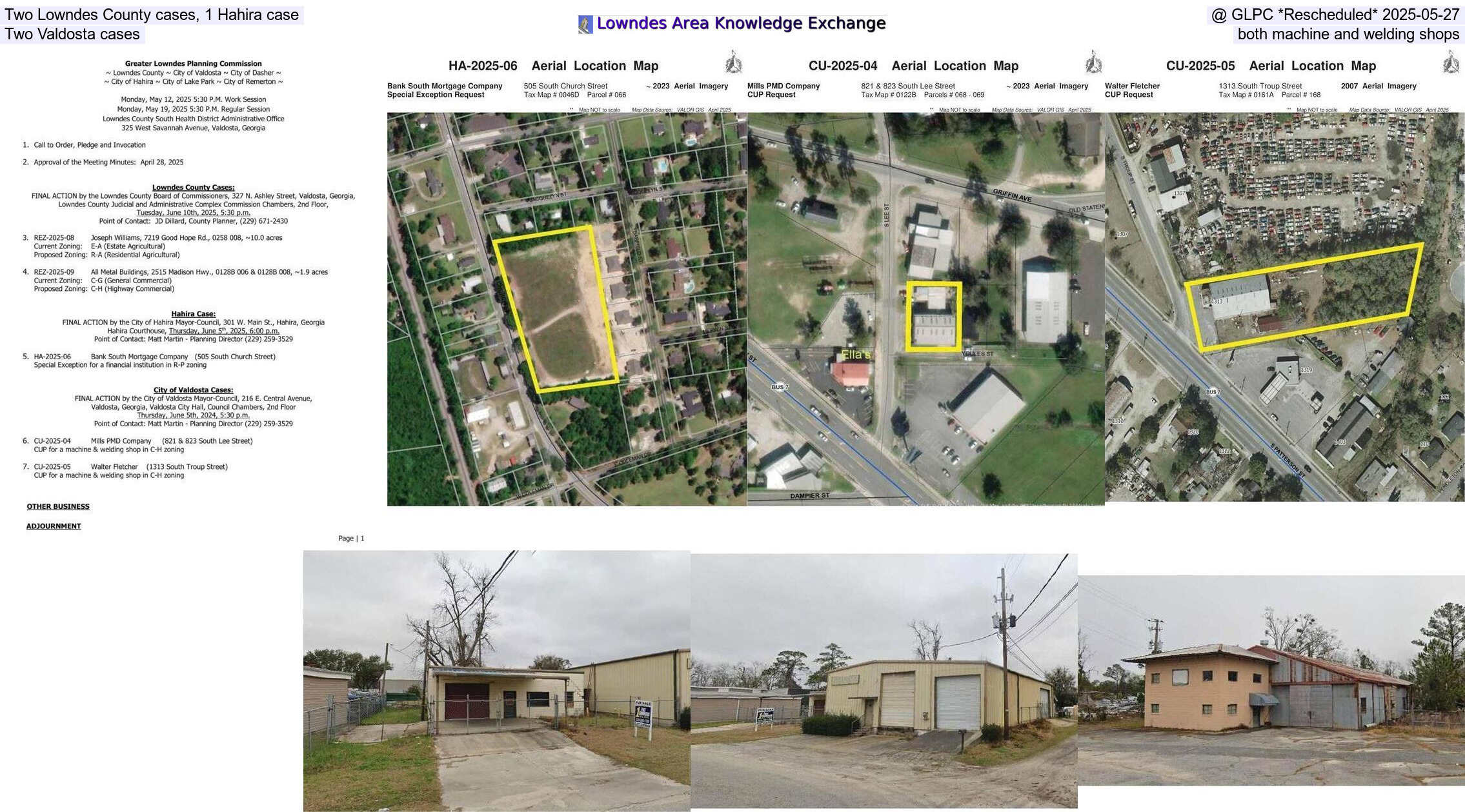 [Two Lowndes County cases, 1 Hahira case, @ GLPC *Rescheduled* 2025-05-27, Two Valdosta cases, both machine and welding shops]