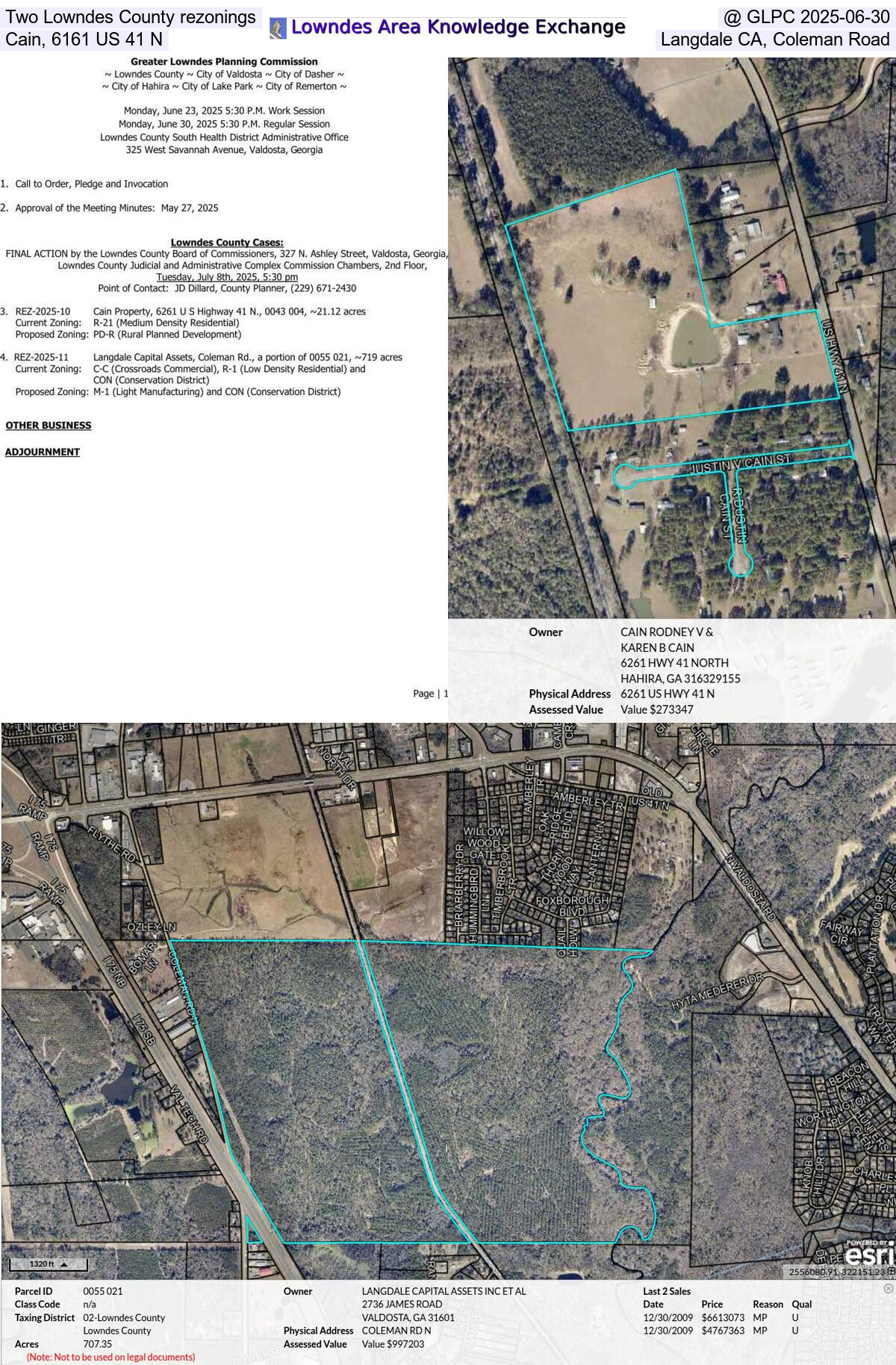 [Two Lowndes County rezonings, @ GLPC 2025-06-30, Cain, 6161 US 41 N, Langdale CA, Coleman Road]