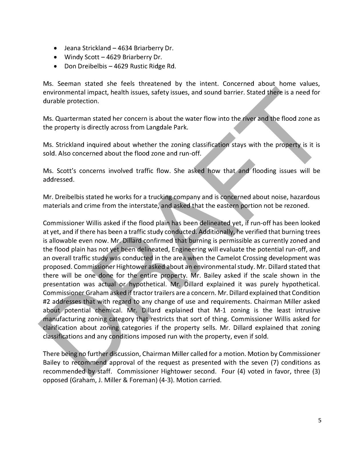 Four (4) voted in favor, three (3) opposed (Graham, J. Miller & Foreman) (4-3). Motion carried.