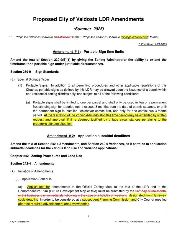 Amendment #1: Portable Sign time limits; Amendment #2: Application submittal deadlines