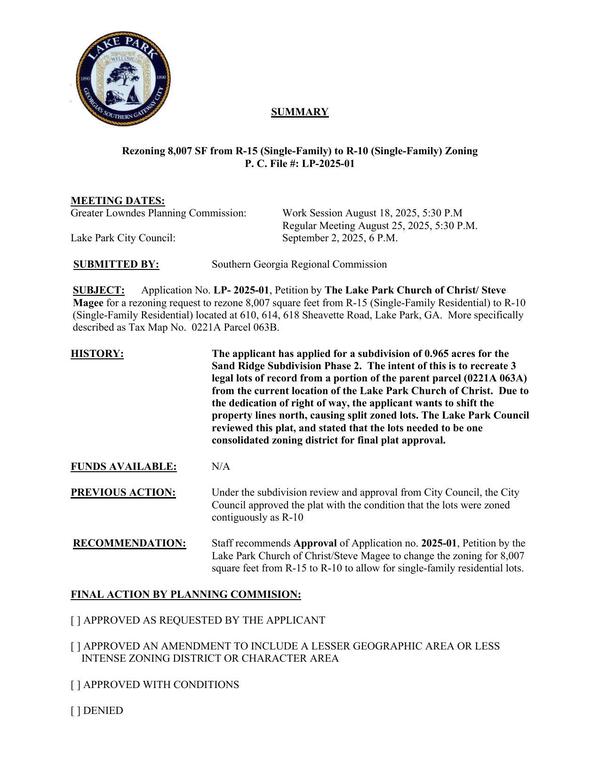 [The applicant has applied for a subdivision of 0.965 acres for the Sand Ridge Subdivision Phase 2. The intent of this is to recreate 3 legal lots of record from a portion of the parent parcel (0221A 063A) from the current location of the Lake Park Church of Christ.]