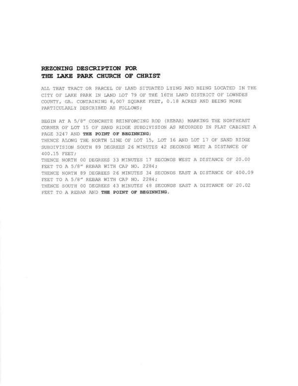 [REZONING DESCRIPTION FOR THE LAKE PARK CHURCH OF CHRIST]