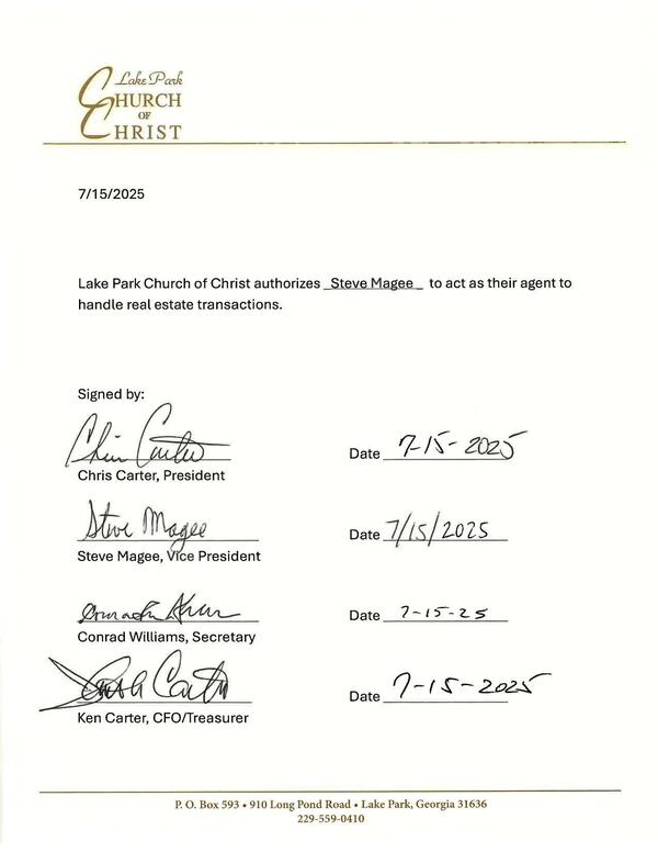 [Lake Park Church of Christ authorizes _Steve Magee_ to act as their agent to handle real estate transactions.]