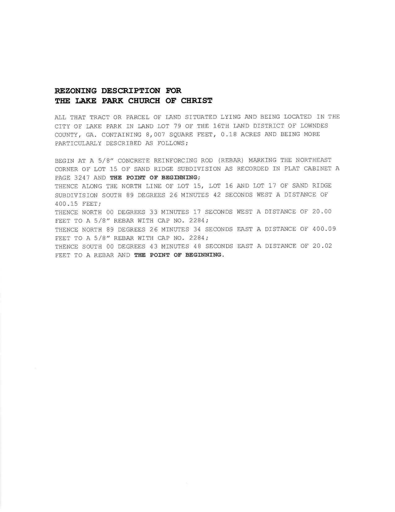 REZONING DESCRIPTION FOR THE LAKE PARK CHURCH OF CHRIST
