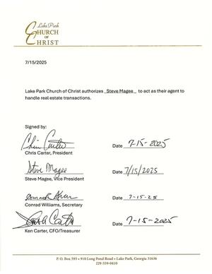 [Lake Park Church of Christ authorizes _Steve Magee_ to act as their agent to handle real estate transactions.]