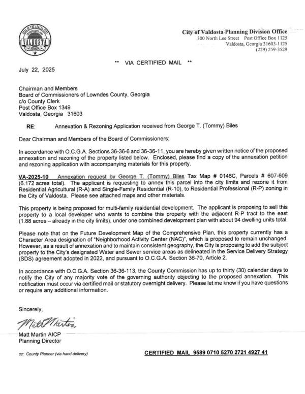 Annexation & Rezoning Application received from George T. (Tommy) Biles
