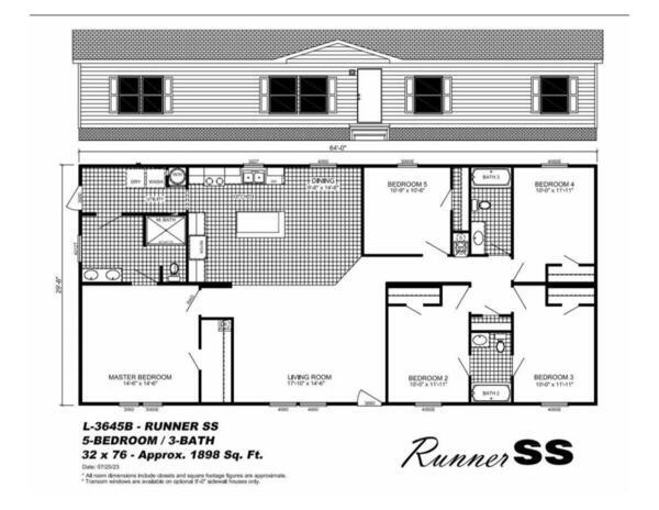 Floor Plan: L-3645B - RUNNER SS 5-BEDROOM / 3-BATH 32 x 76 - Approx. 1898 Sq. Ft. Date: 07/25/23