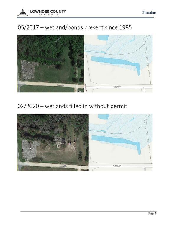 Maps: 05/2017 — wetland/ponds present since 1985; 02/2020 — wetlands filled in without permit