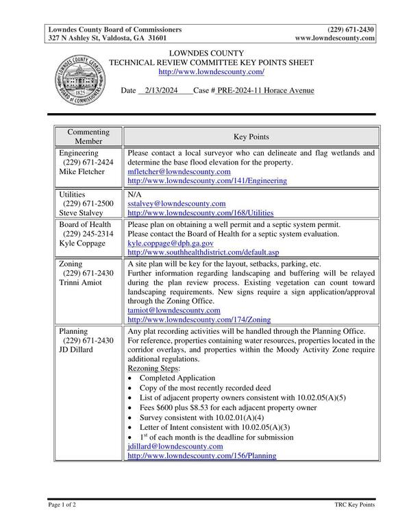 TECHNICAL REVIEW COMMITTEE KEY POINTS SHEET