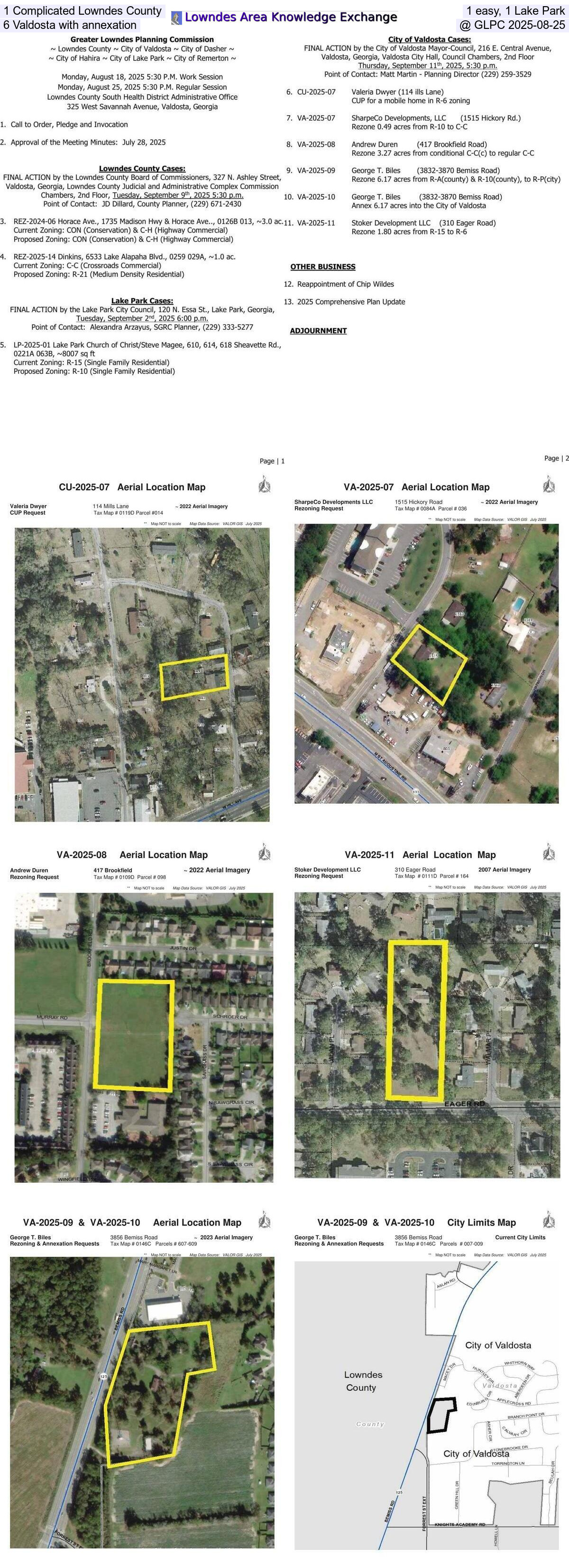 1 Complicated Lowndes County, 1 easy, 1 Lake Park, 6 Valdosta with annexation, @ GLPC 2025-08-25