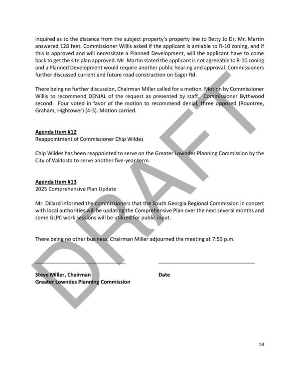 12. Reappointment of Commissioner Chip Wildes (by the City of Valdosta), 13. 2025 Comprehensive Plan Update