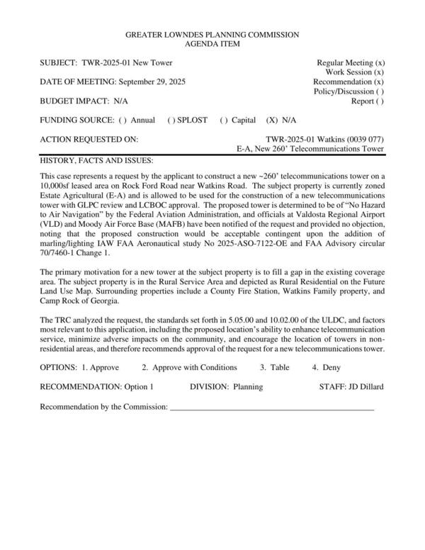[to construct a new ~260’ telecommunications tower on a 10,000sf leased area on Rock Ford Road near Watkins Road.]