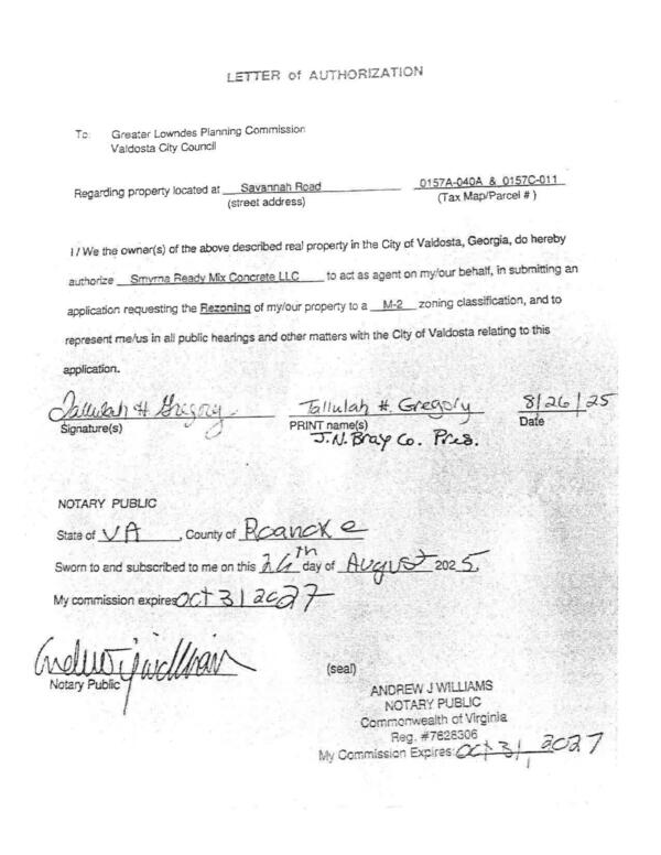 LETTER of AUTHORIZATION from Tallulah H. Gregory, J.N. Bray Co. Pres.