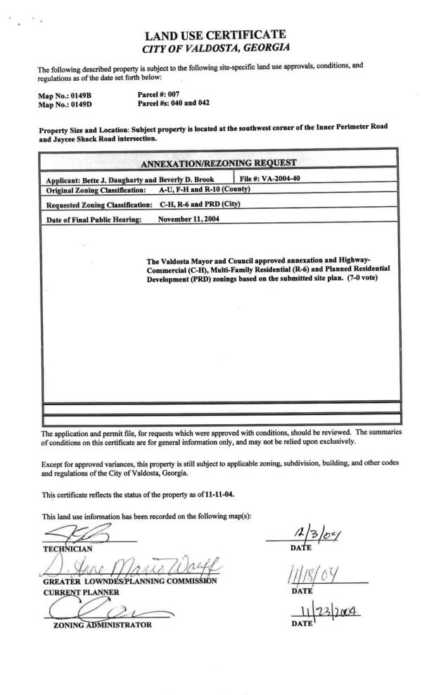 Land Use Certificate, City of Valdosta, annexation and zoning, VA-2004-40, 2004-11-11