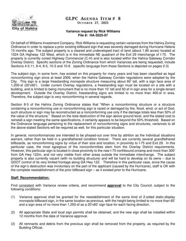 [Rick Williams for Williams Investment Company, certain variances to replace a prior existing billboard sign that was severely damaged during Hurricane Helene.]