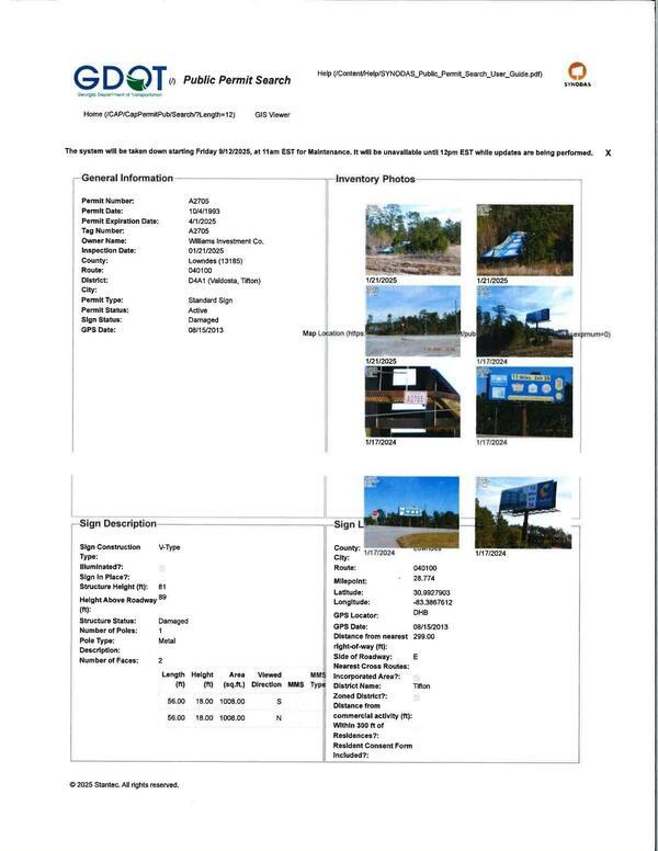 GDOT Permit with pictures of downed billboard