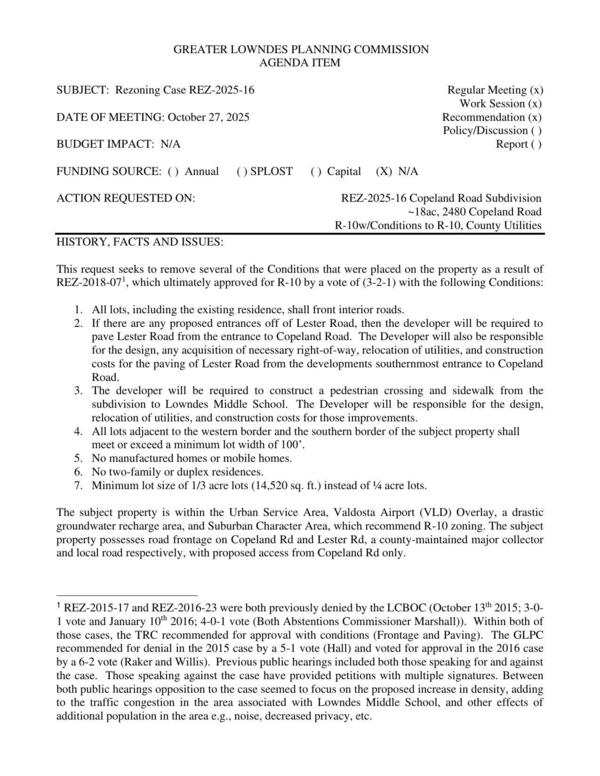 [Seeks removal of several conditions from REZ-2018-07. REZ-2025-16 Copeland Road Subdivision ~18ac, 2480 Copeland Road, R-10w/Conditions to R-10, County Utilities]