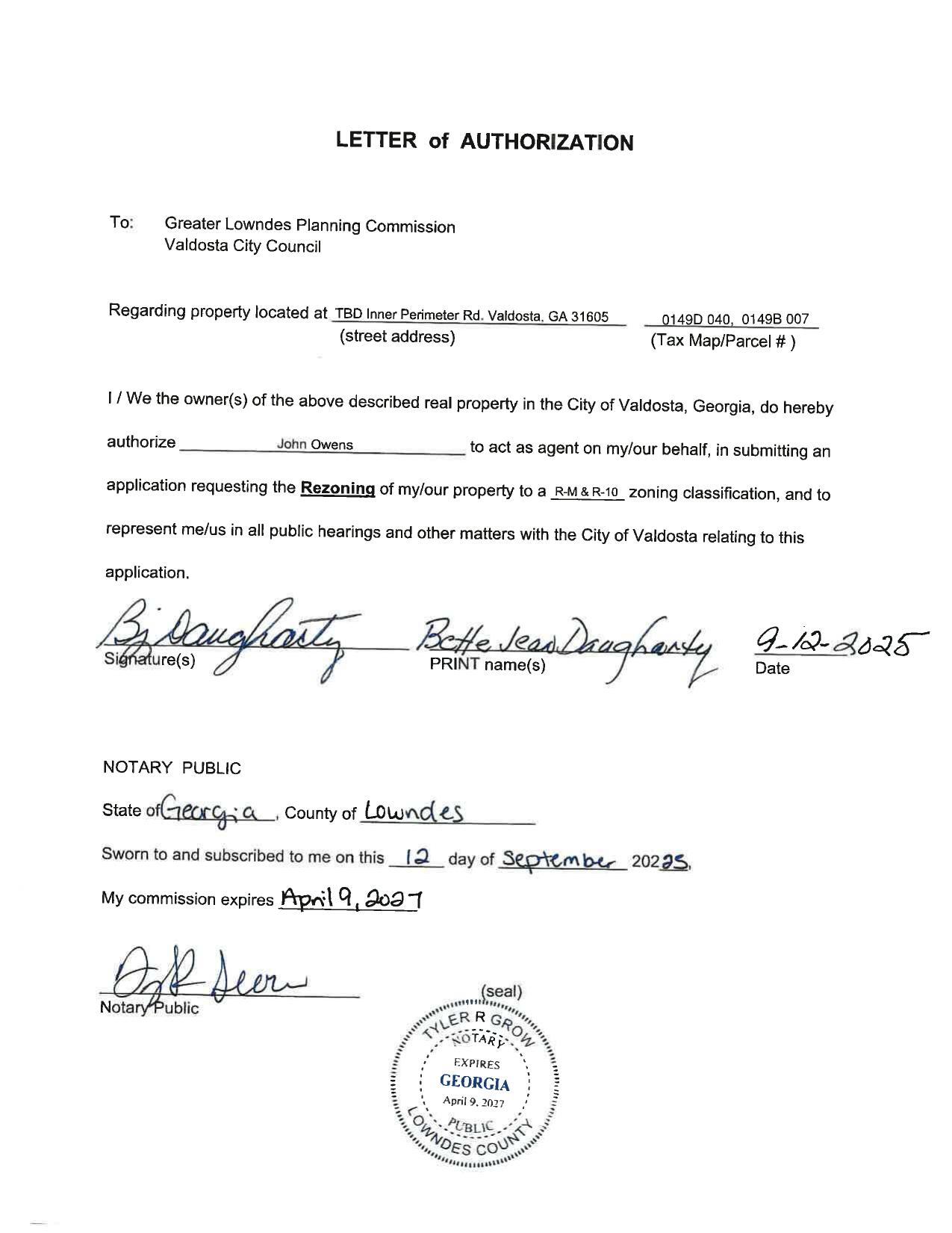 Betty Jean Daugharty LETTER of AUTHORIZATION