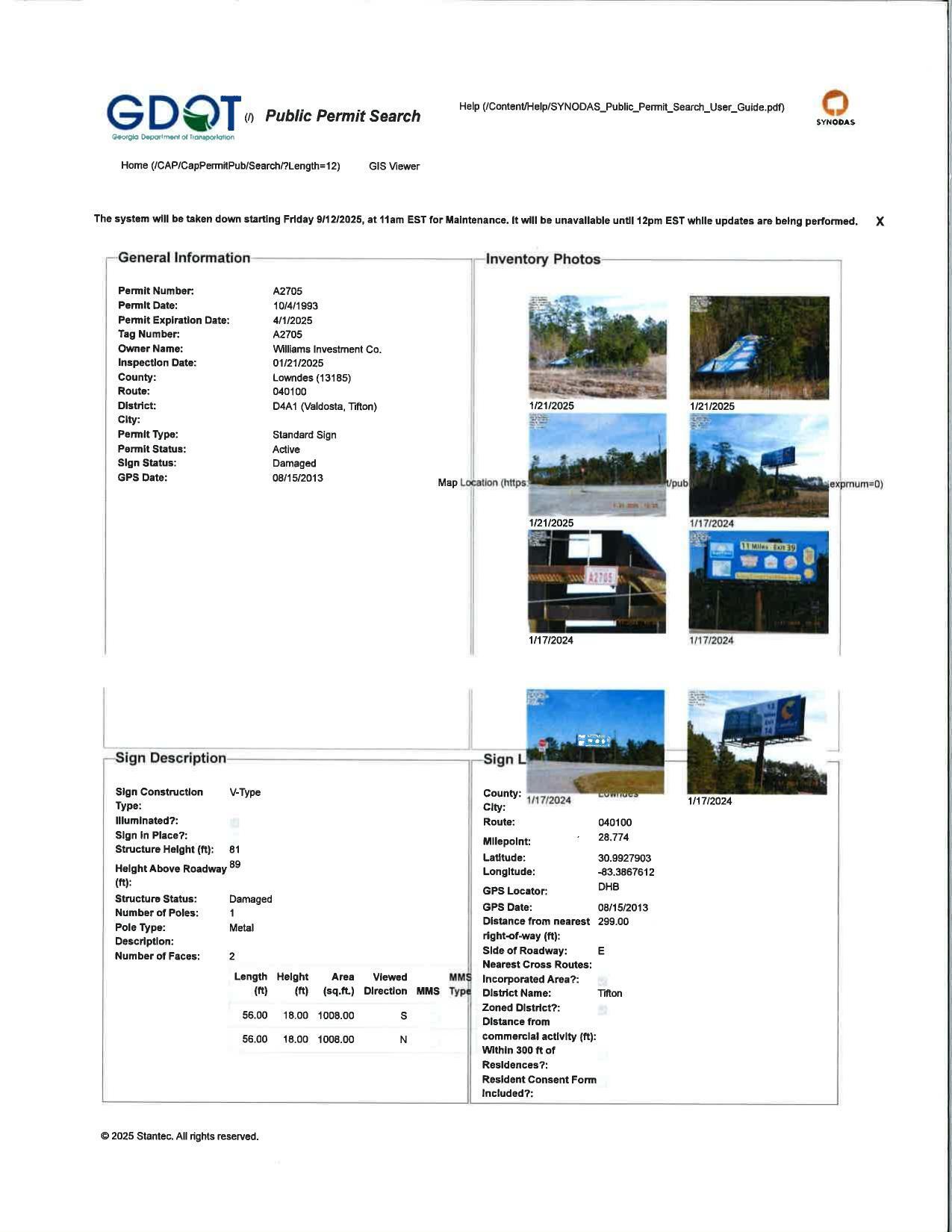 GDOT Permit with pictures of downed billboard