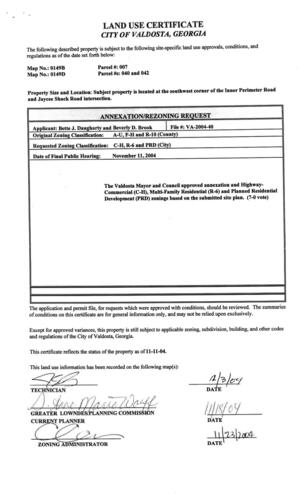 [Land Use Certificate, City of Valdosta, annexation and zoning, VA-2004-40, 2004-11-11]