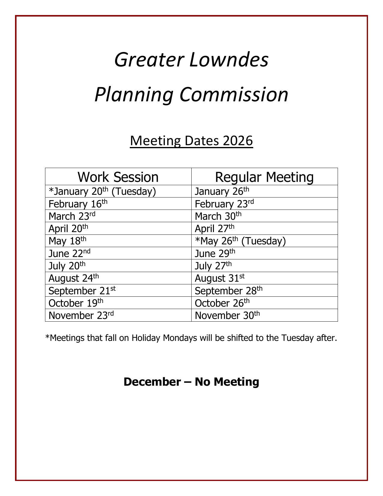 2026 Schedule of Meetings