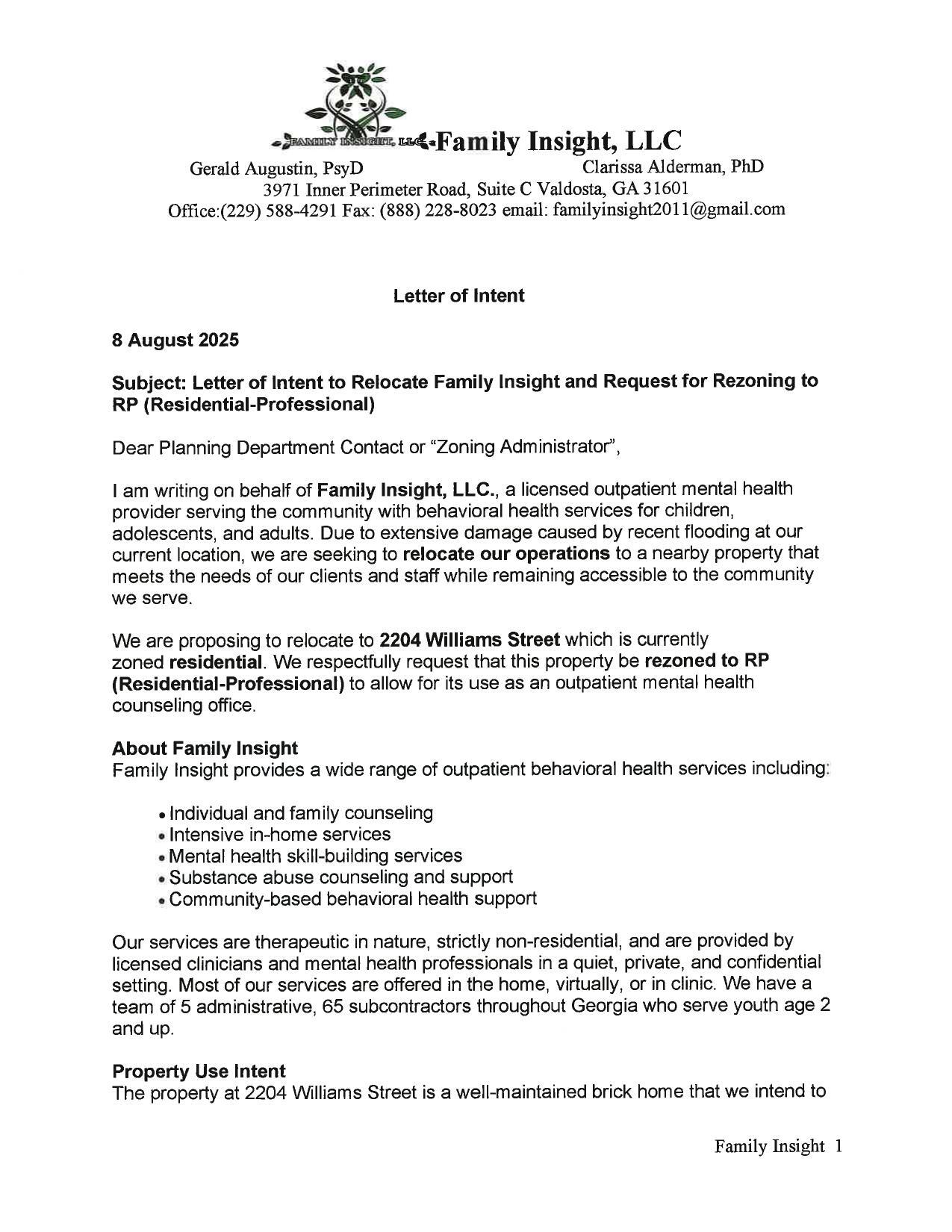 Letter of Intent from Clarissa Alderman