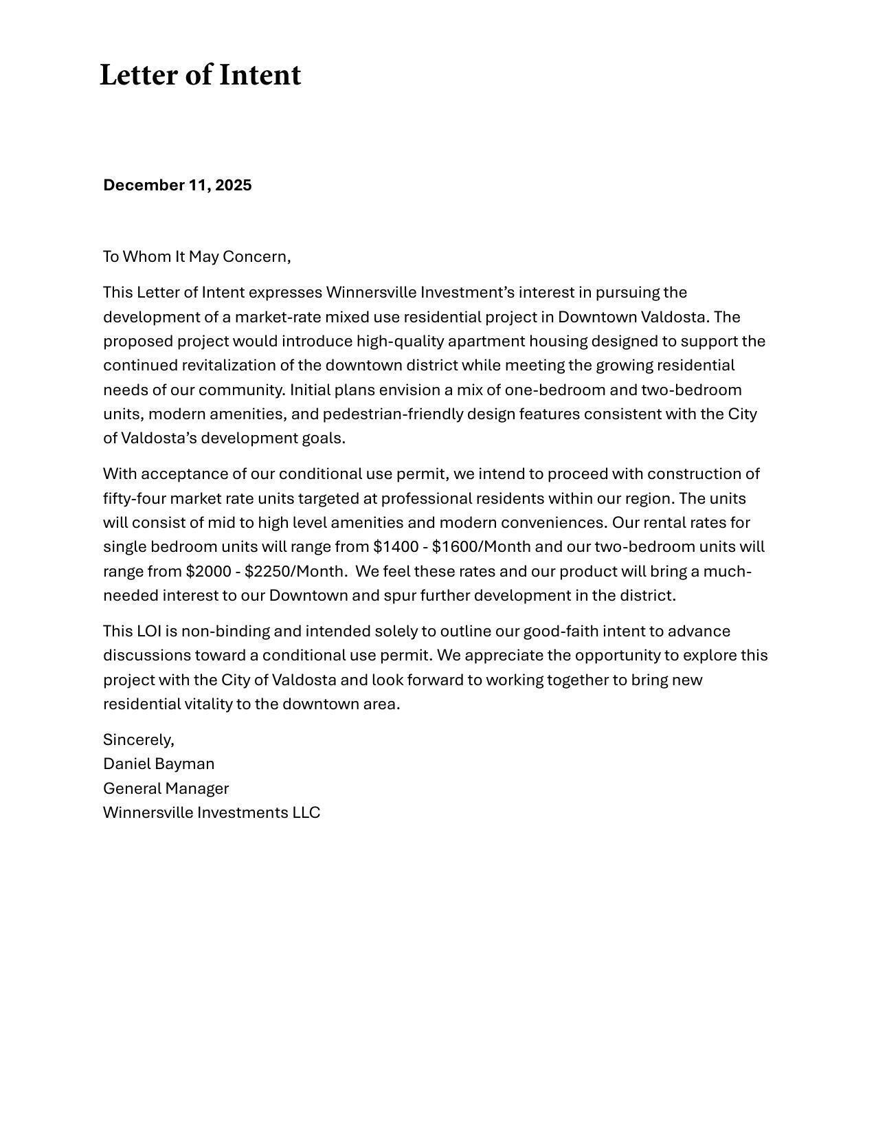 Letter of Intent from Daniel Bayman