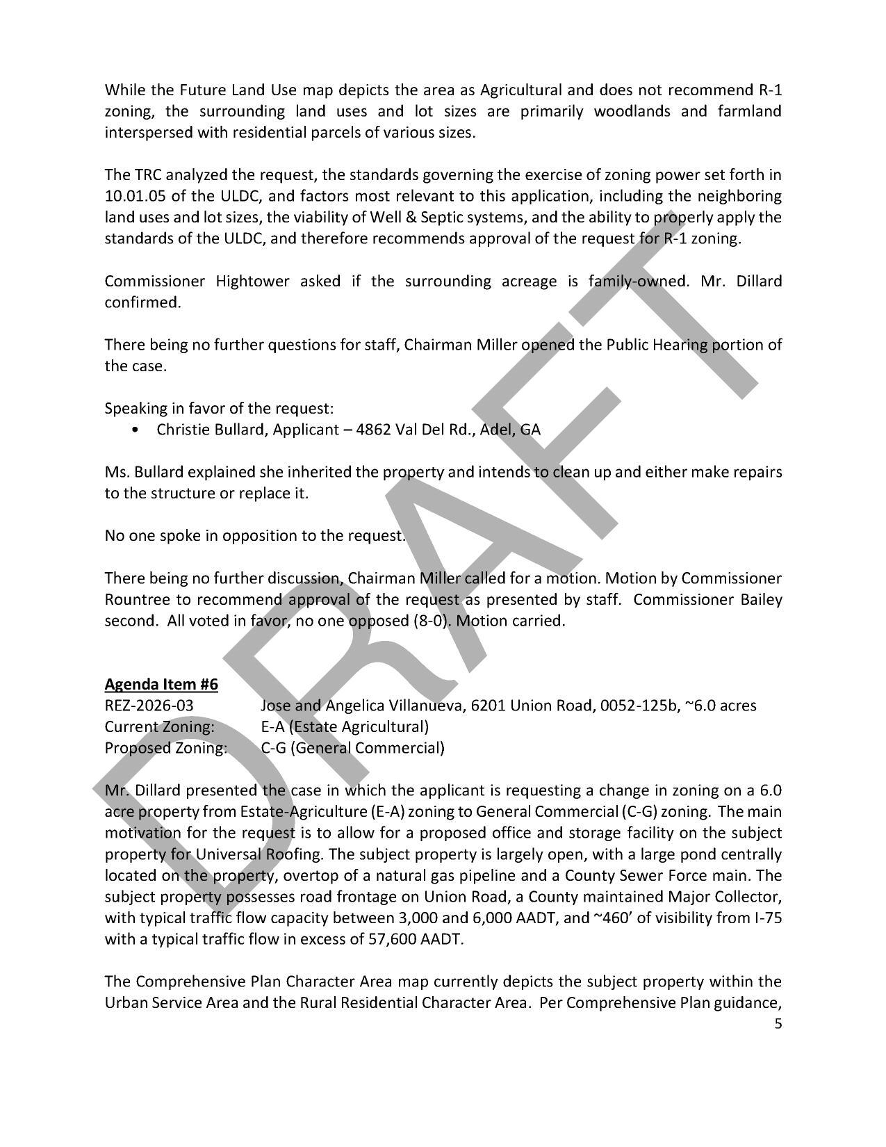 6. REZ-2026-03 Jose and Angelica Villanueva, 6201 Union Road, 0052-125b, ~6.0 acres