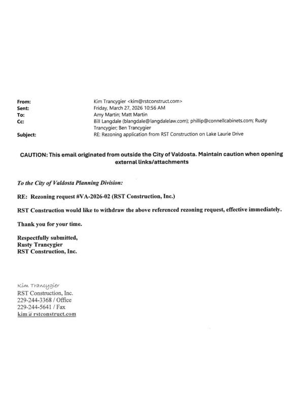 [RST Construction would like to withdraw the above referenced rezoning request, effective immediately. March 27, 2026]