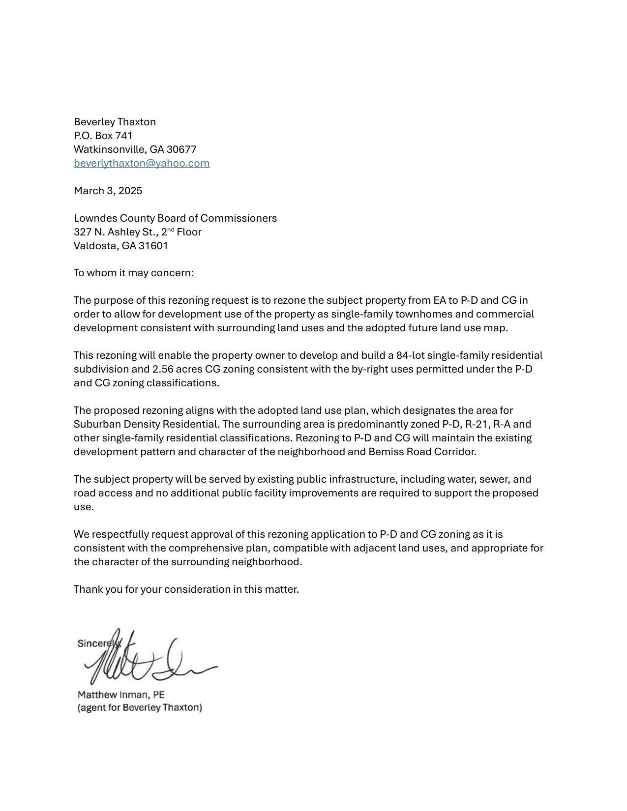 Rezoning request by Matthew Inman, PE, agent for Beverley Thaxton