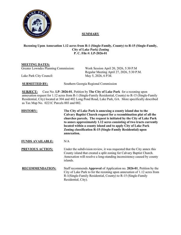 [The City of Lake Park is annexing a county island due to the Calvary Baptist Church request for a recombination plat of all the churches parcels.]
