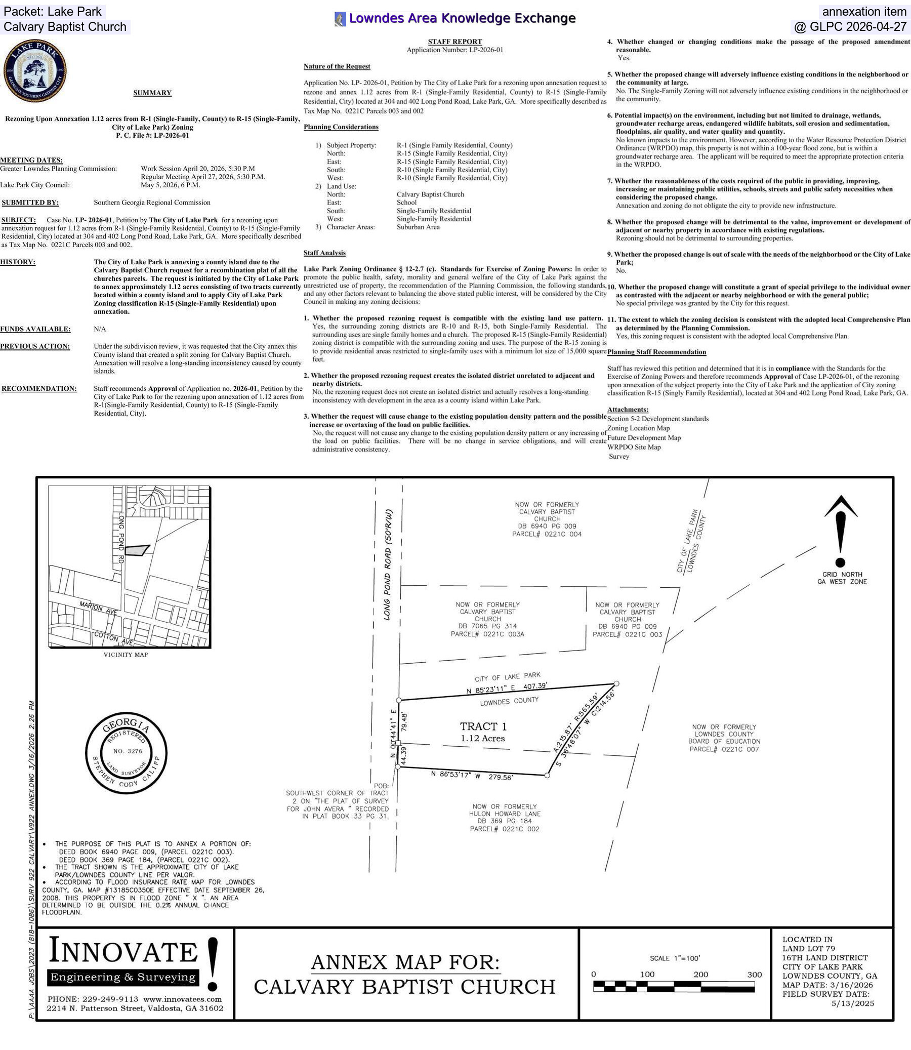 Packet: Lake Park, annexation item, Calvary Baptist Church, @ GLPC 2026-04-27