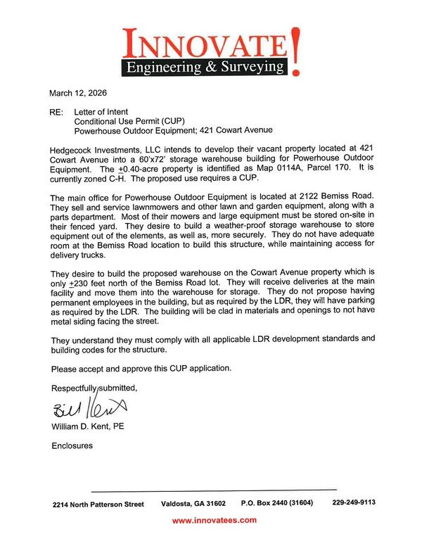 CUP application by William D. Kent, Innovate! Enginneering & Surveying