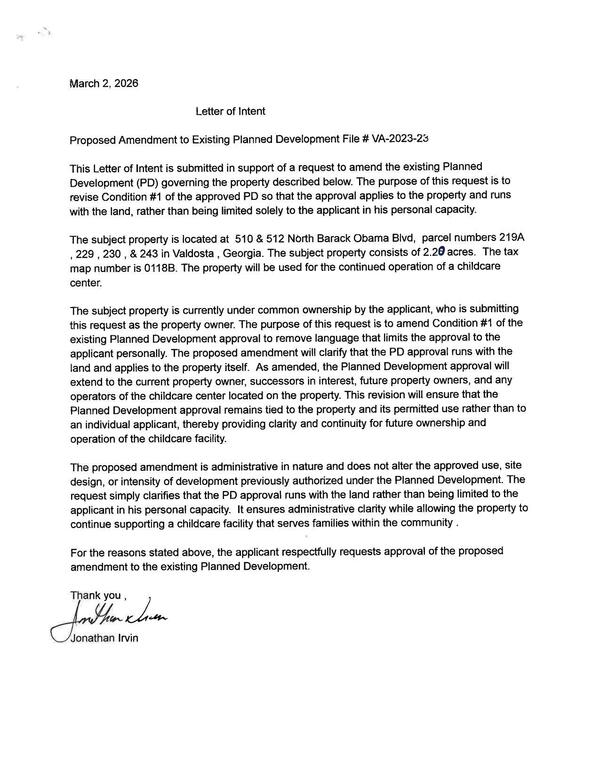 Letter of Intent from Jonathan Irvin