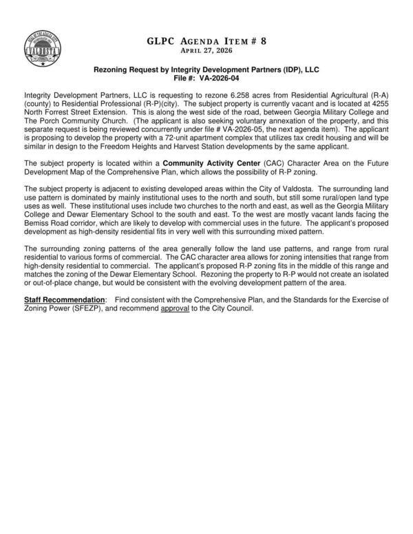 [to develop the property with a 72-unit apartment complex that utilizes tax credit housing and will be similar in design to the Freedom Heights and Harvest Station developments by the same applicant. Staff recommends approval.]