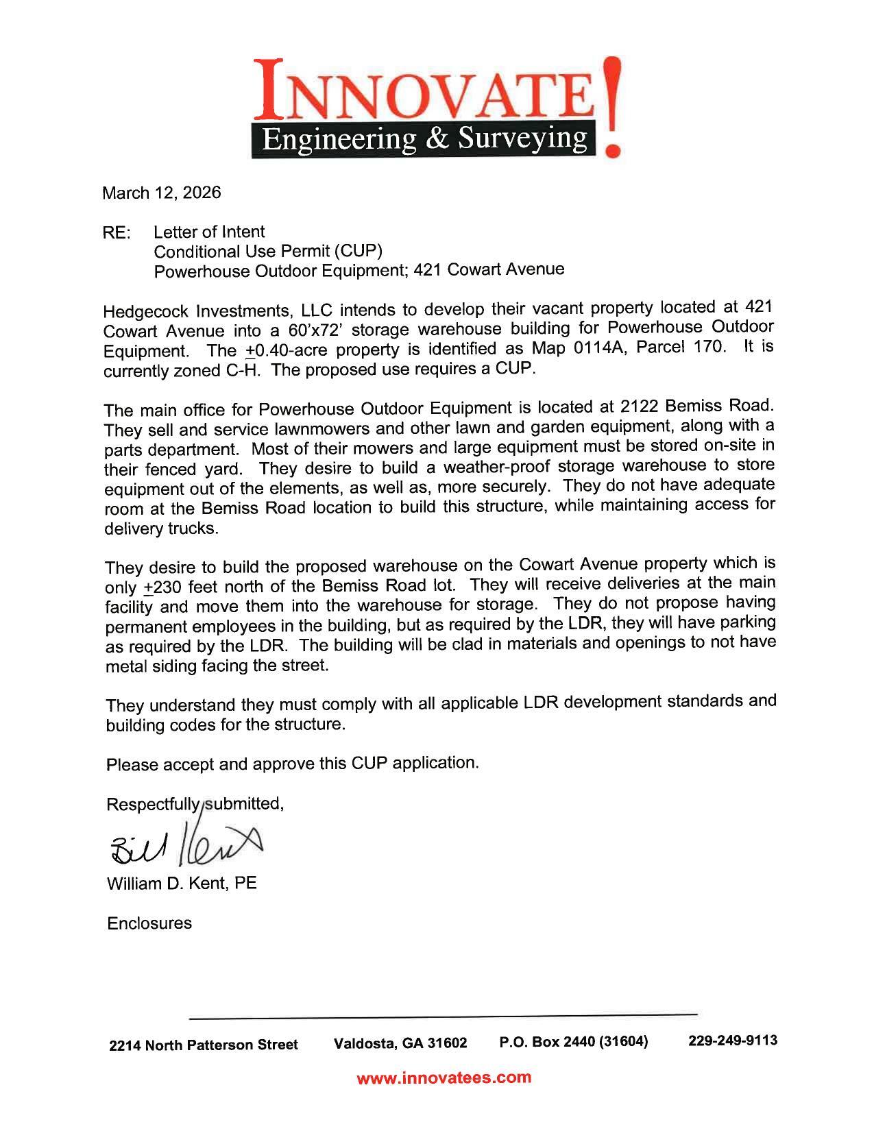 CUP application by William D. Kent, Innovate! Enginneering & Surveying
