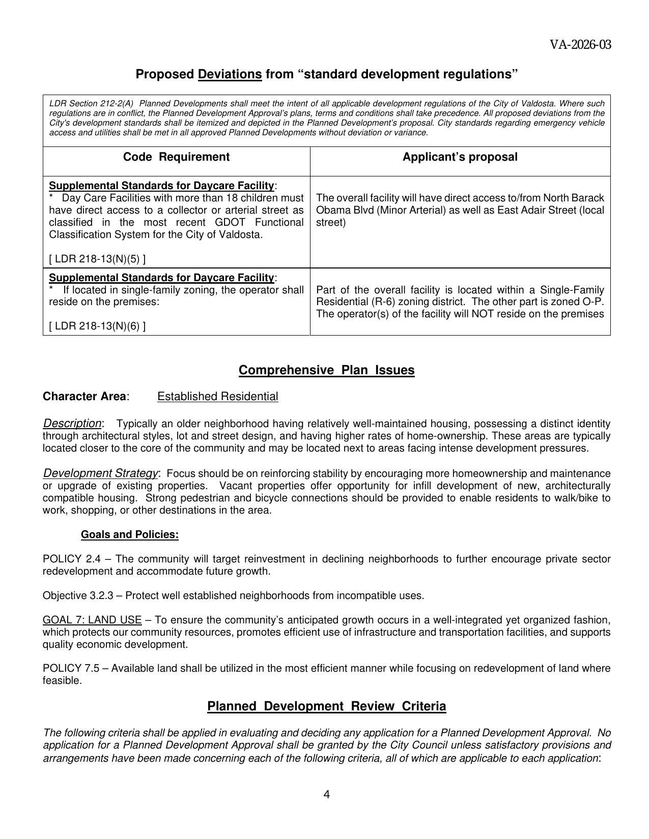 Proposed Deviations from “standard development regulations”