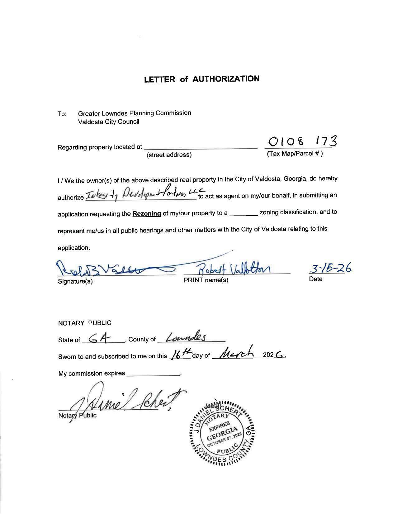 LETTER of AUTHORIZATION from Robert Vallotton for Integrity Development Partners LLC