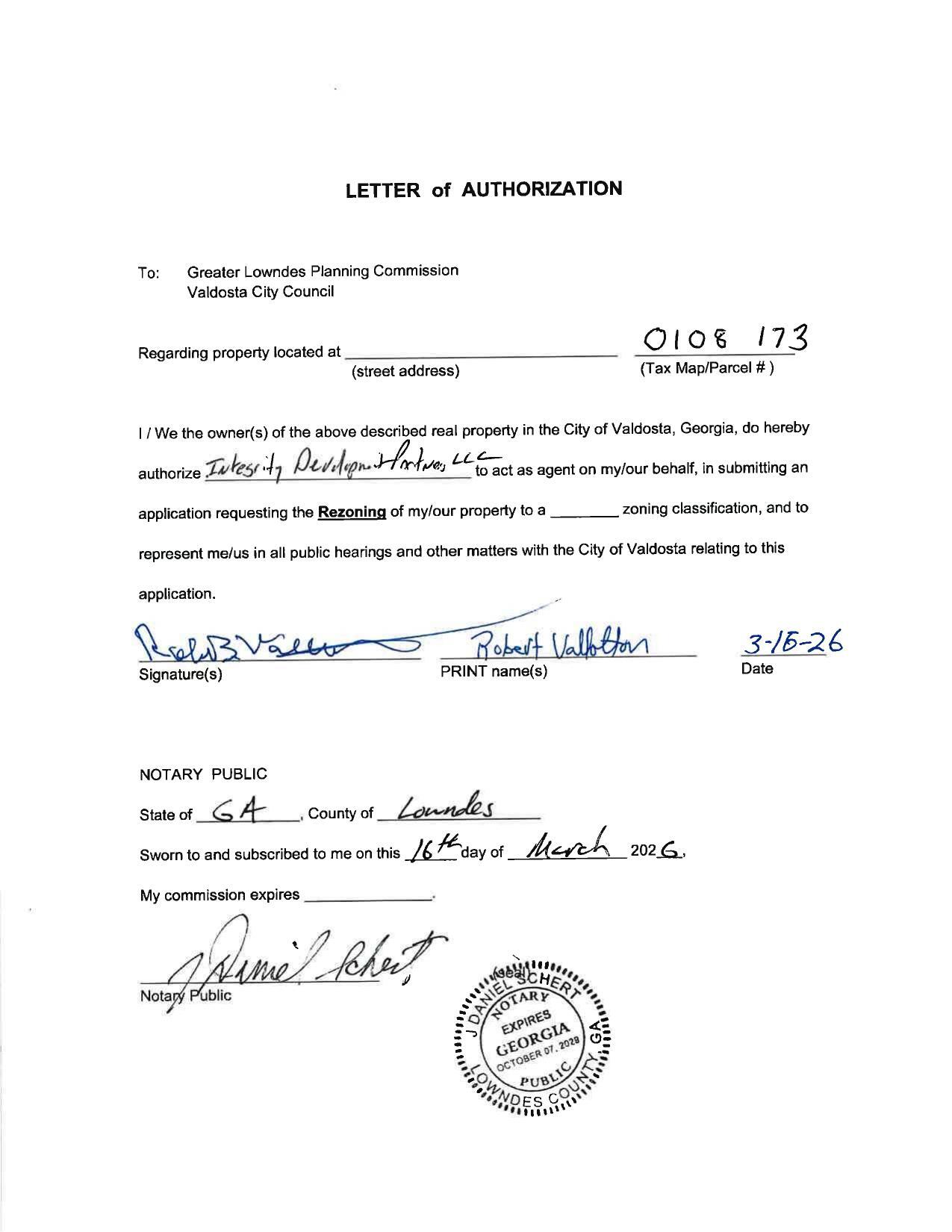 LETTER of AUTHORIZATION from Robert Vallotton for Integrity Development Partners LLC