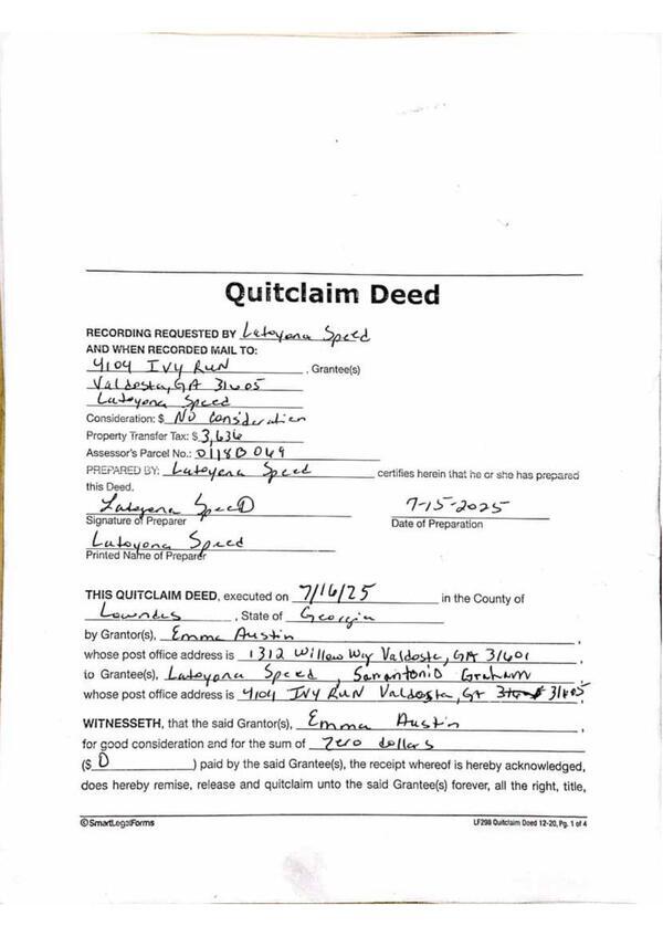 [Quitclaim Deed, grantor Emma Austin to Latoyona Speed]
