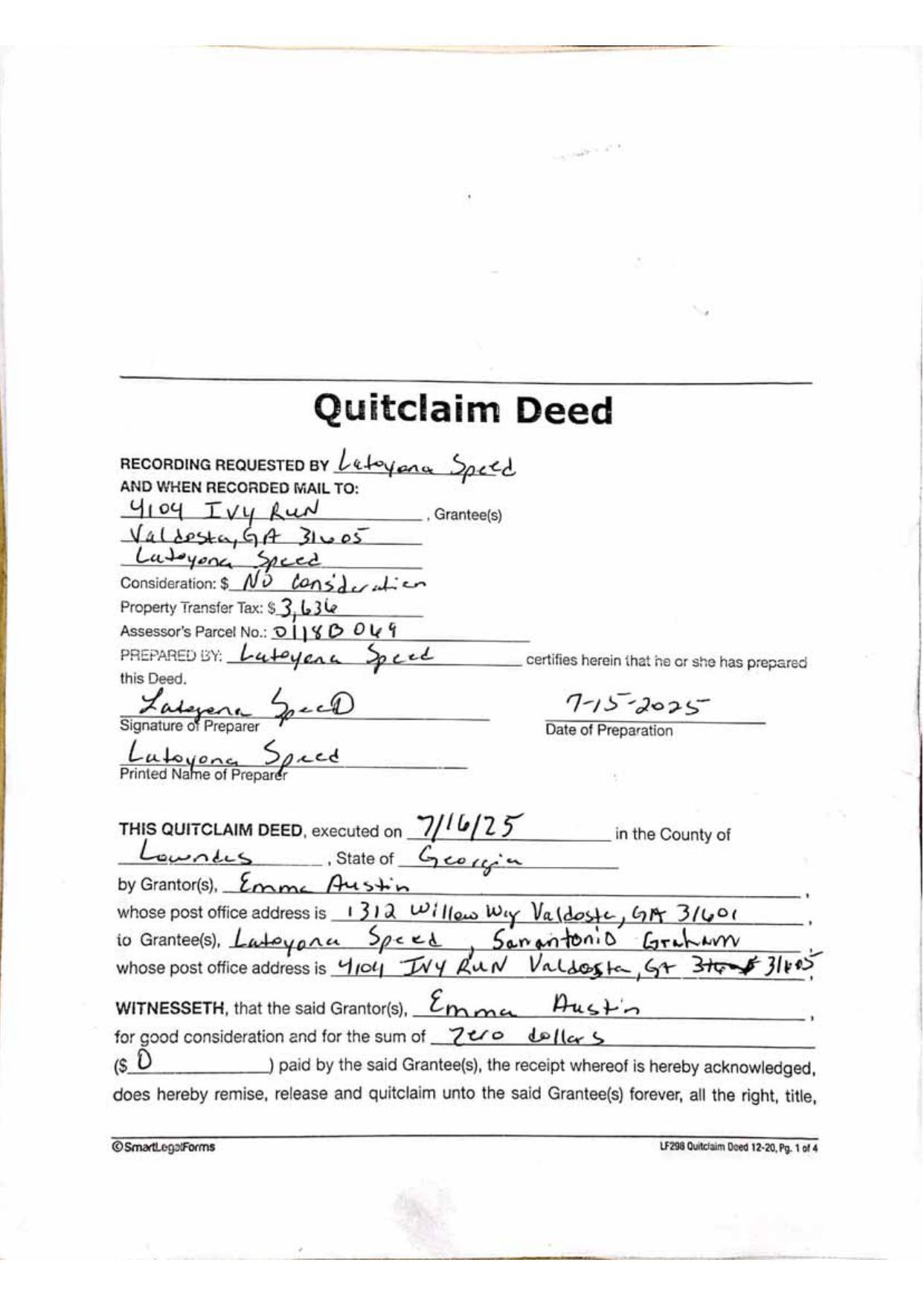 Quitclaim Deed, grantor Emma Austin to Latoyona Speed