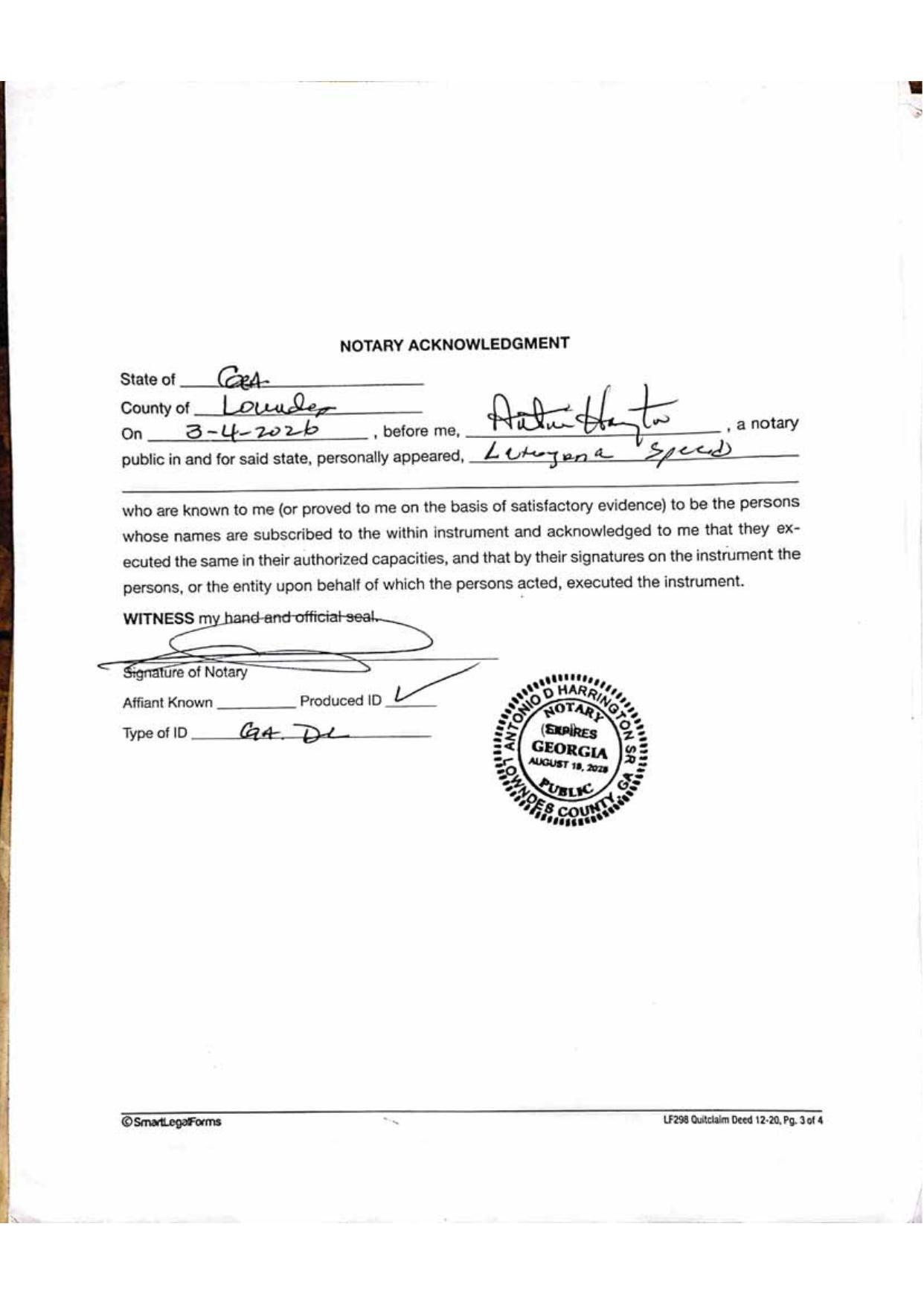 Notary Acknowledgment for Latoyona Speed