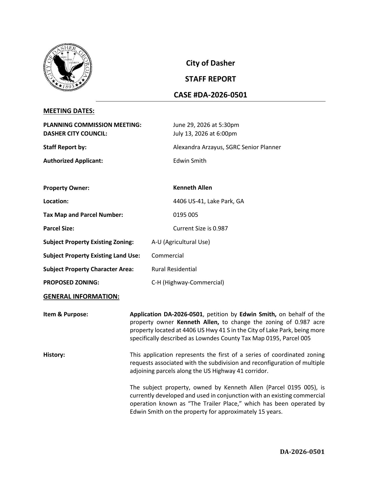 History: This application represents the first of a series of coordinated zoning requests associated with the subdivision and reconfiguration of multiple adjoining parcels along the US Highway 41 corridor.