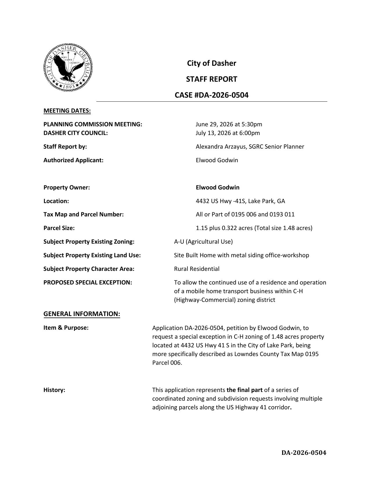 To allow the continued use of a residence and operation of a mobile home transport business within C-H (Highway-Commercial) zoning district