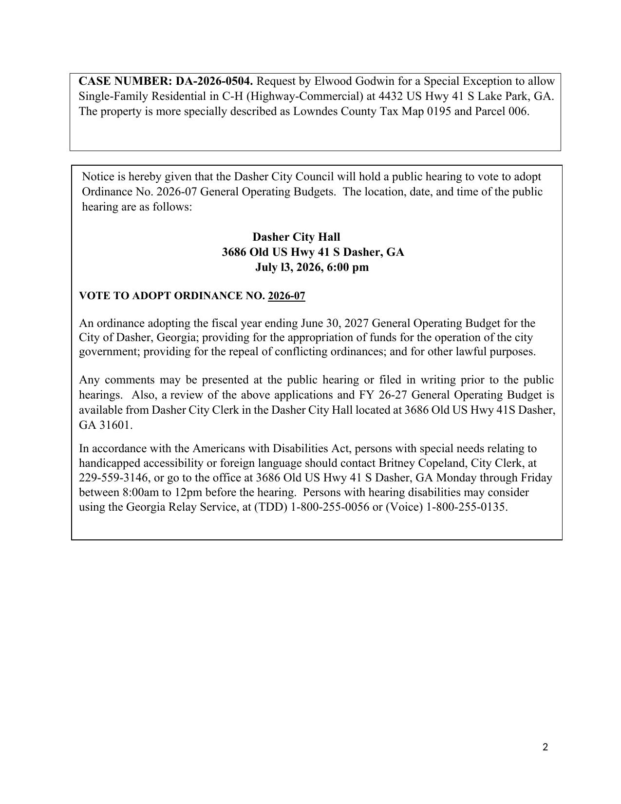 Public Hearing Notice for General Operating Budgets Ordinance