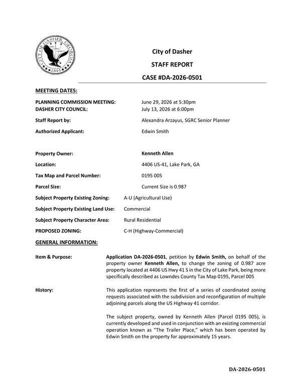 [History: This application represents the first of a series of coordinated zoning requests associated with the subdivision and reconfiguration of multiple adjoining parcels along the US Highway 41 corridor.]