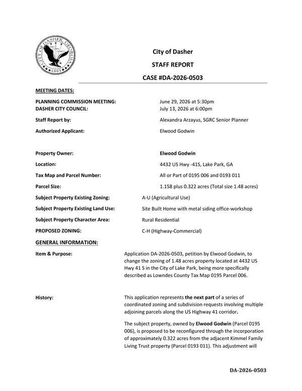 [to change the zoning of 1.48 acres property located at 4432 US Hwy 41 S in the City of Lake Park, being more specifically described as Lowndes County Tax Map 0195 Parcel 006.]